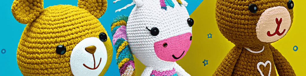 три вязаные игрушки на ярком узорчатом фоне