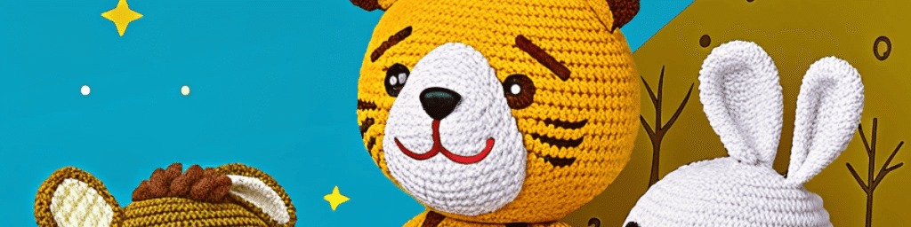 композиция из нескольких вязаных игрушек