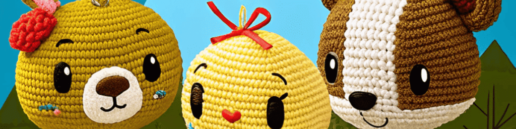 очаровательные вязаные персонажи на фоне с иллюстрациями